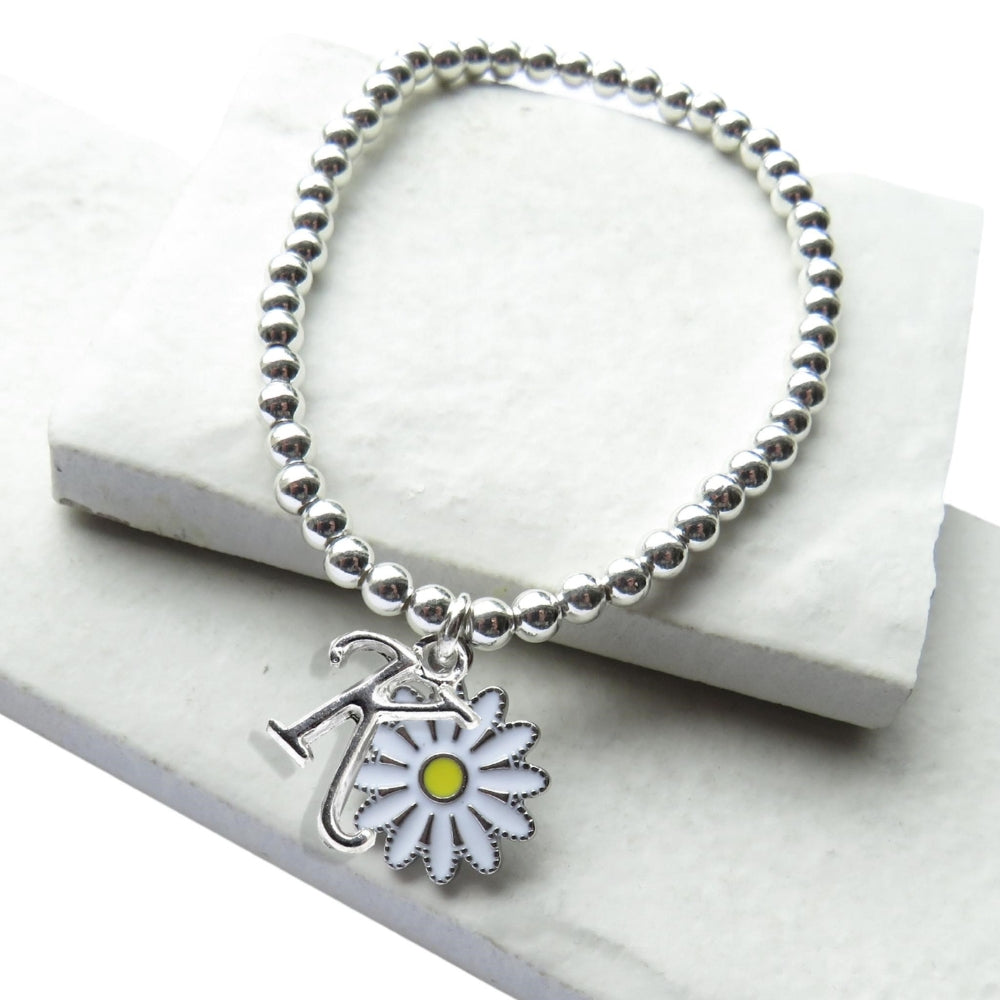 Personalised Initial Girls Silver Beaded Bracelet & Daisy Charm