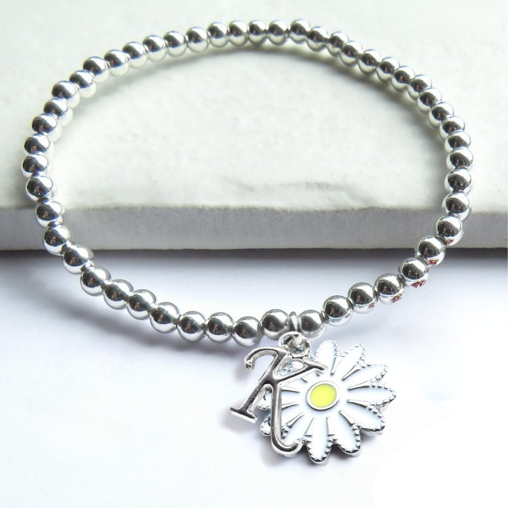 Personalised Initial Girls Silver Beaded Bracelet & Daisy Charm