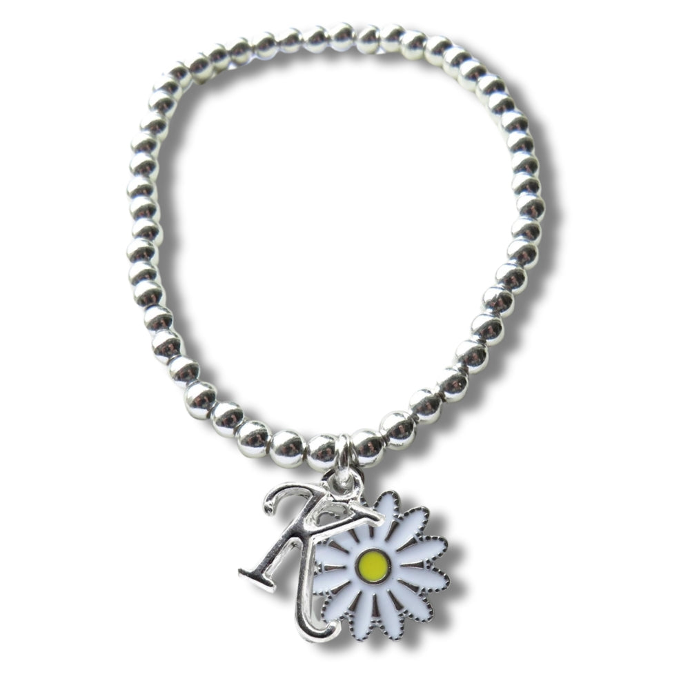 Personalised Initial Girls Silver Beaded Bracelet & Daisy Charm