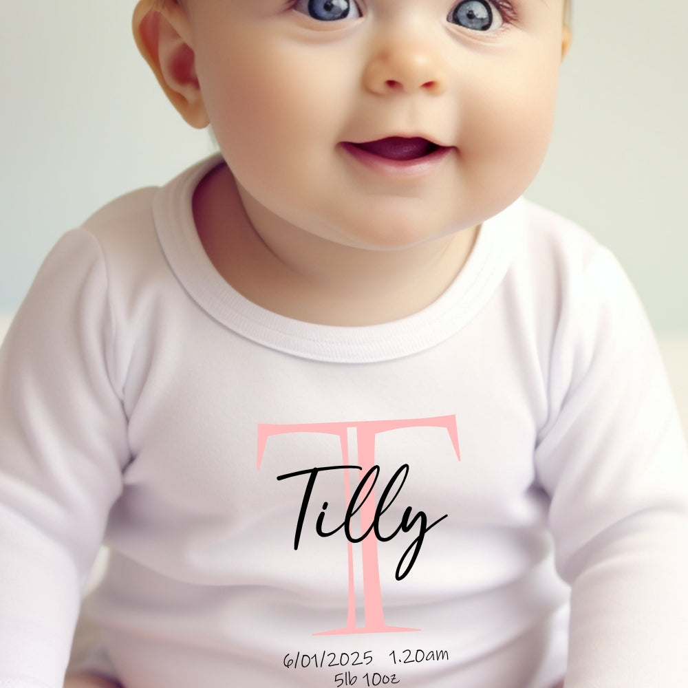 Personalised Pink Initial Name Baby Outfit: Bib, Vest, Baby Grow