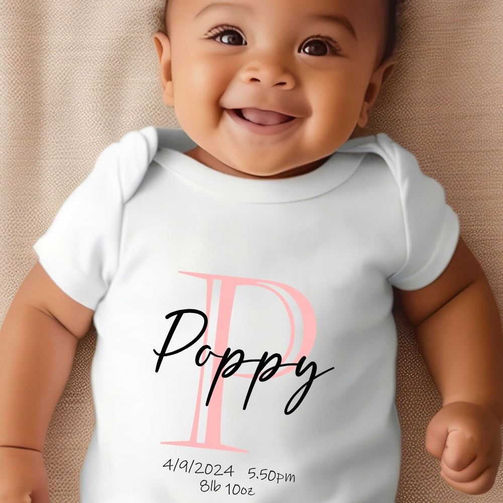 Personalised Pink Initial Name Baby Outfit: Bib, Vest, Baby Grow