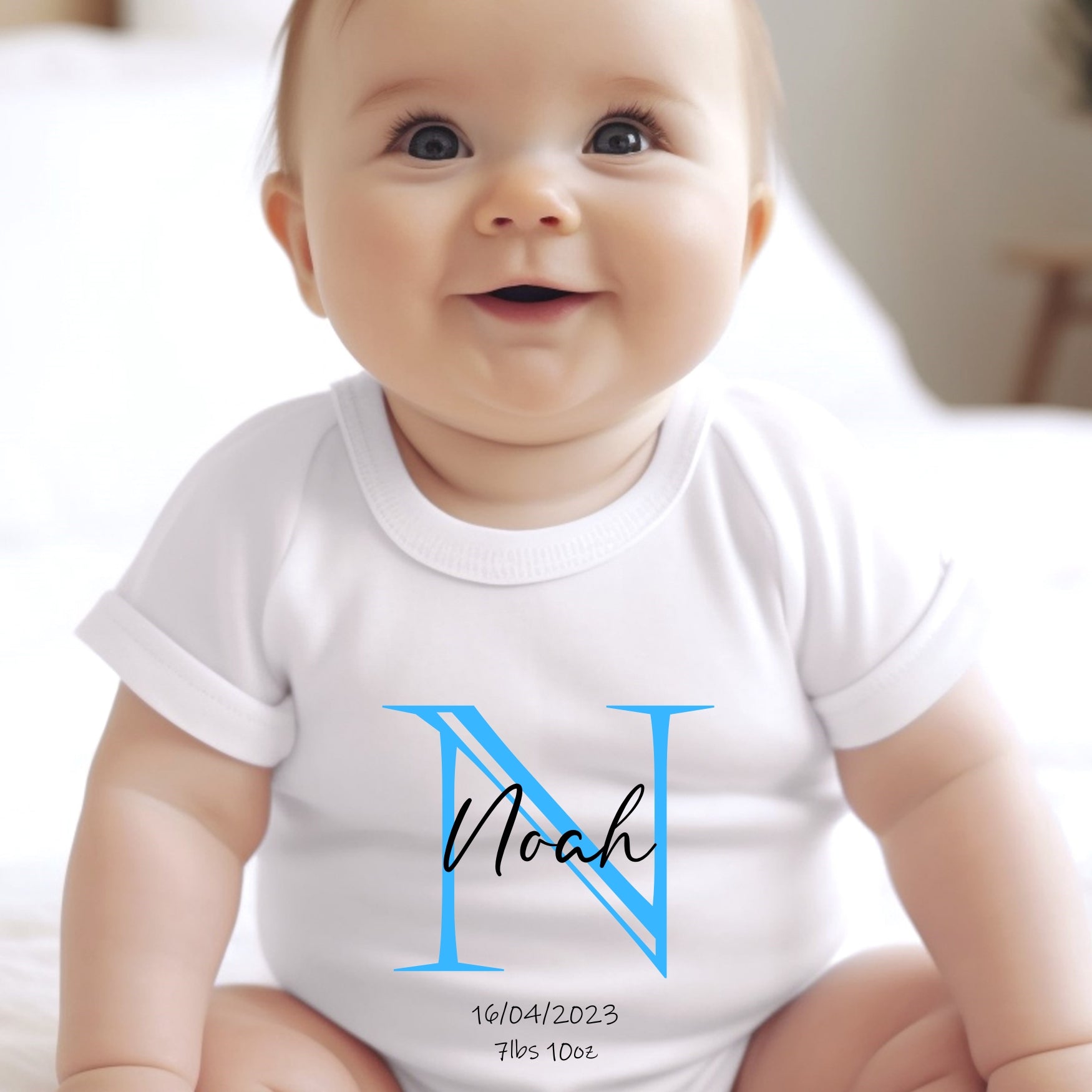 Personalised Blue Initial Baby Outfit: Bib, Vest, Grow