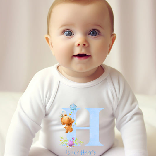 Personalised Blue Initial with Teddies Baby Grow