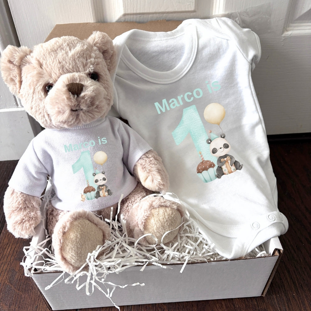 Personalised Boys 1st Birthday Panda Gift Hamper - Teddy & Baby Vest