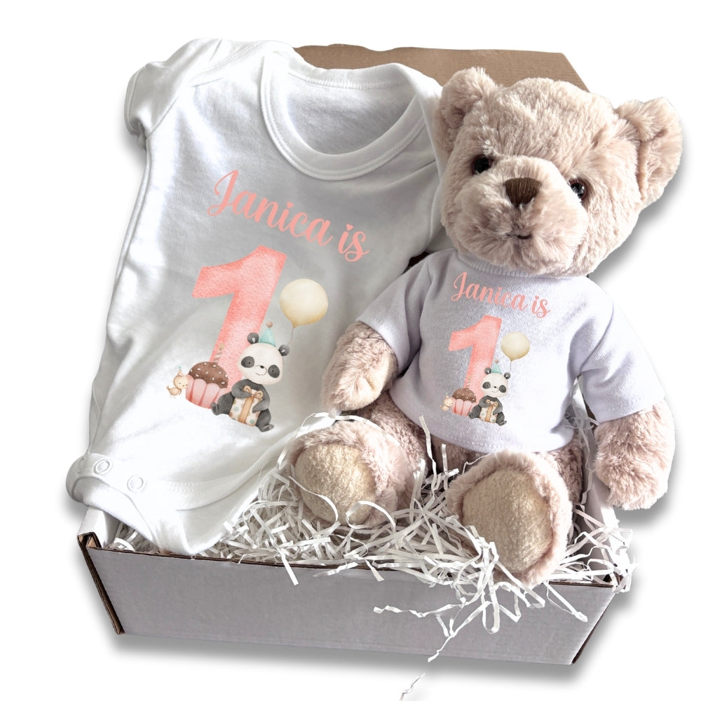 Personalised Girls 1st Birthday Panda Gift Hamper - Teddy & Baby Vest