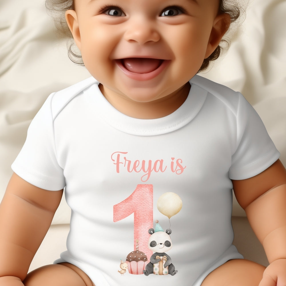 Personalised Girls 1st Birthday Panda Baby Outfit: Bib, Vest, Grow