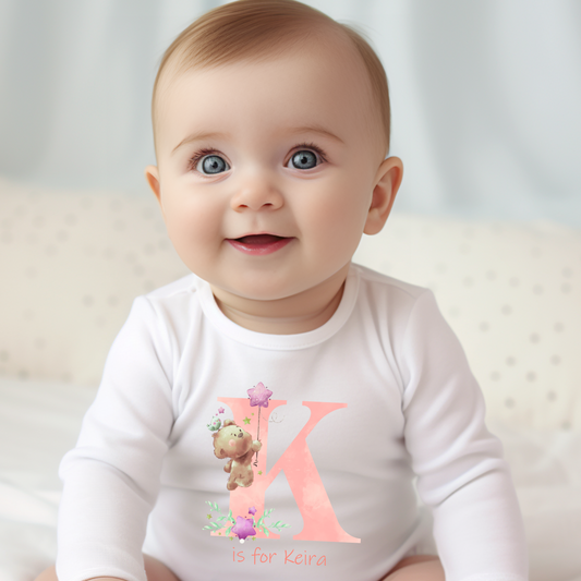 Personalised Pink Initial with Teddies Baby Grow