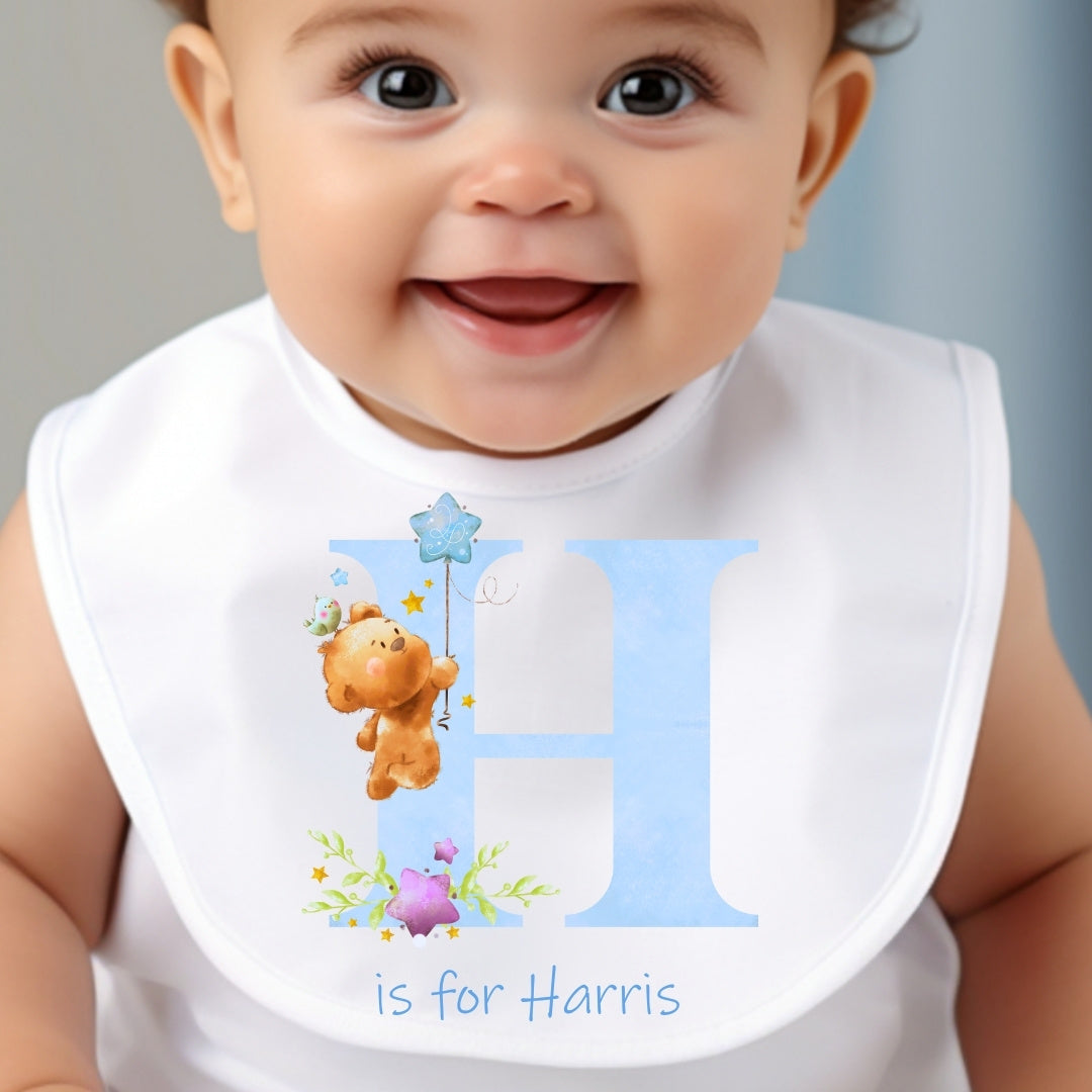 Personalised Blue Initial with Teddy Baby Outfit: Bib, Vest, Grow