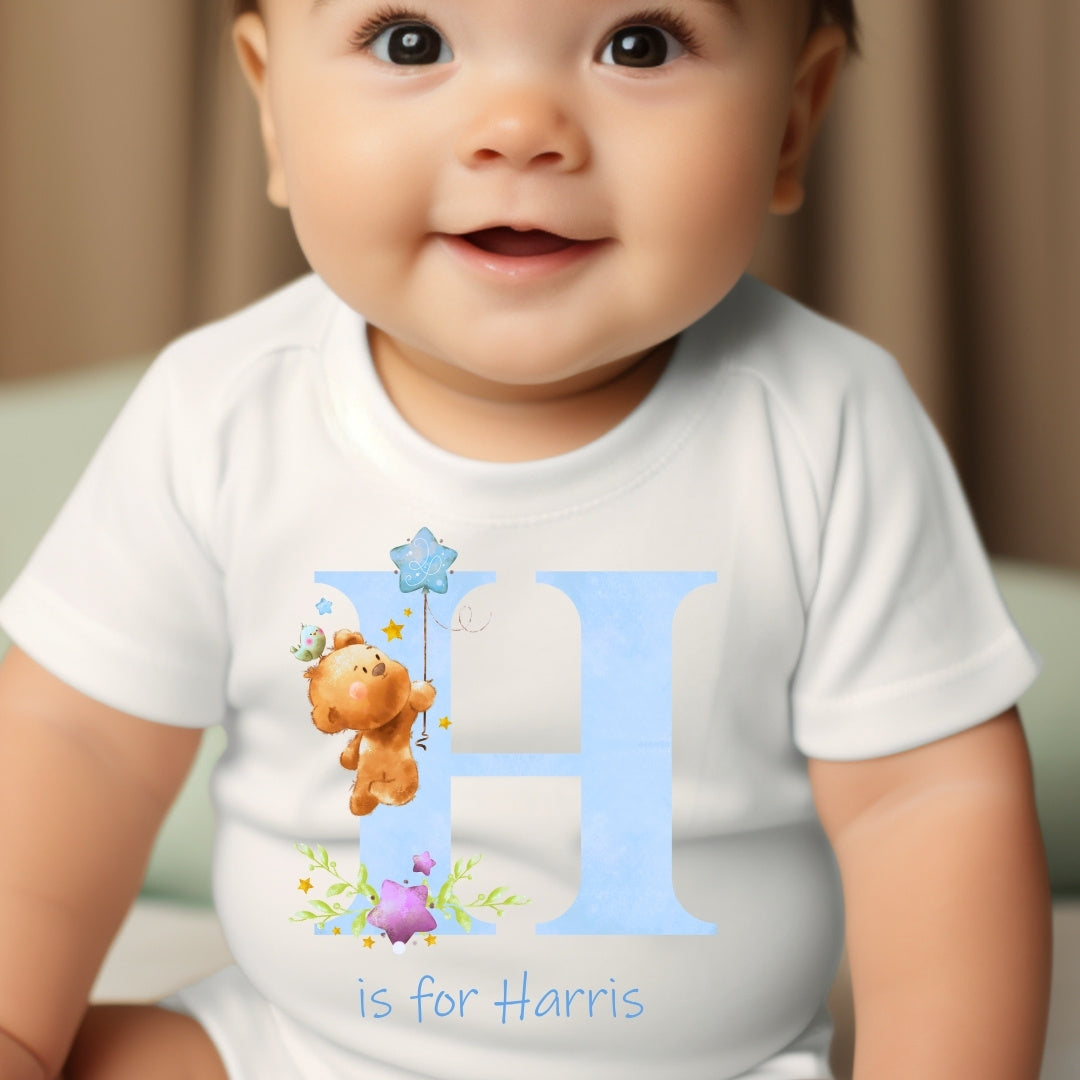 Personalised Blue Initial with Teddy Baby Outfit: Bib, Vest, Grow