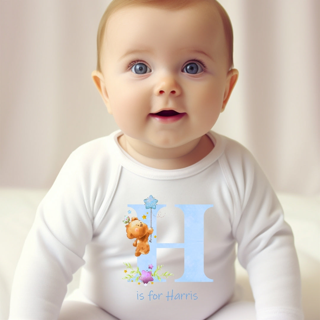 Personalised Blue Initial with Teddy Baby Outfit: Bib, Vest, Grow