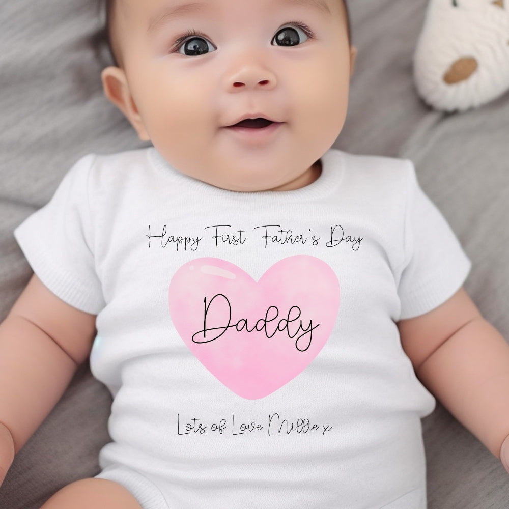 Personalised Pink 1st Fathers Day Baby Outfit: Bib, Vest, Baby Grow