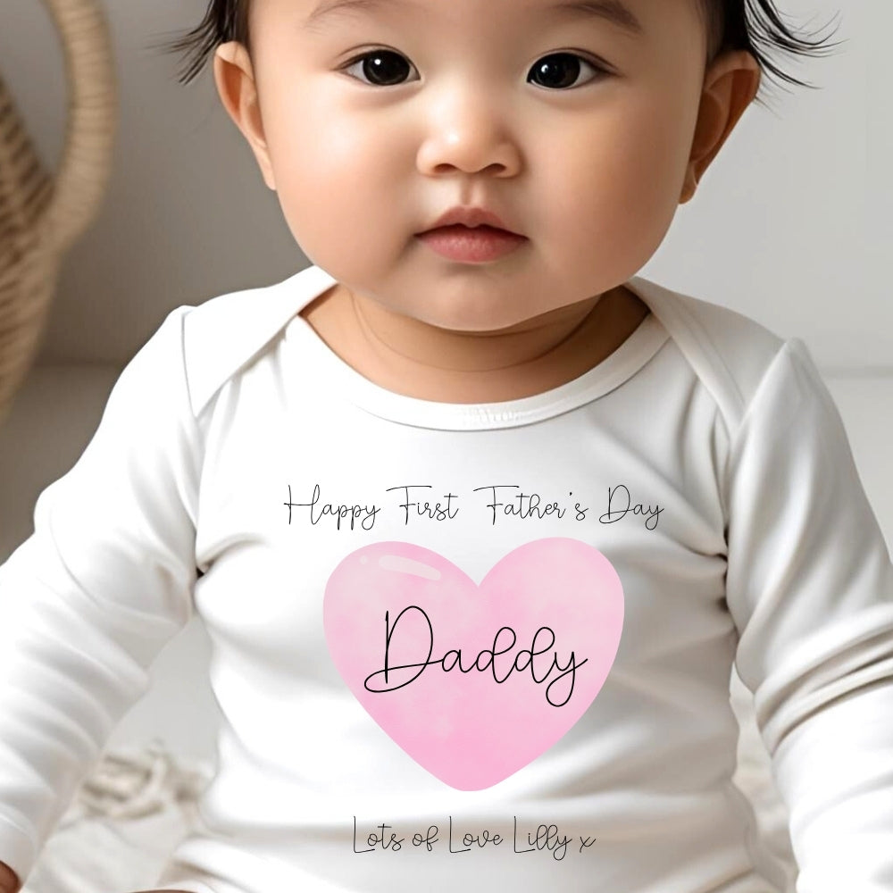 Personalised Pink 1st Fathers Day Baby Outfit: Bib, Vest, Baby Grow