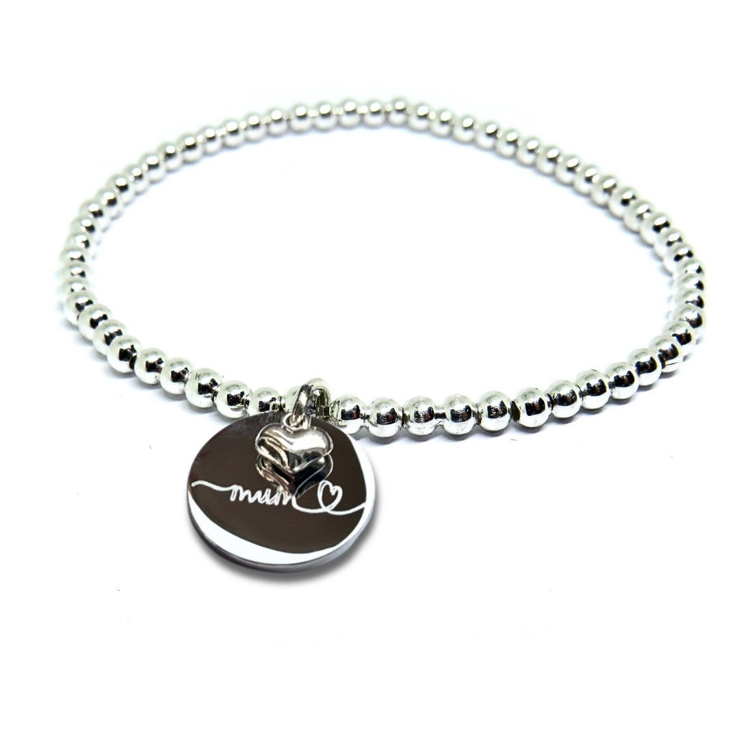 Silver Beaded Mum Charm Bracelet with Mini Heart