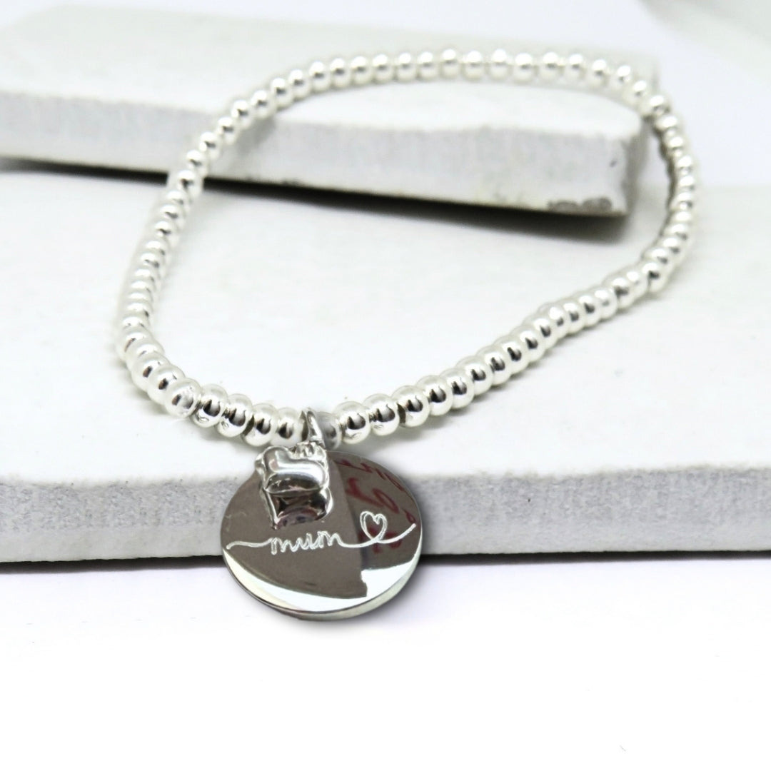 Silver Beaded Mum Charm Bracelet with Mini Heart