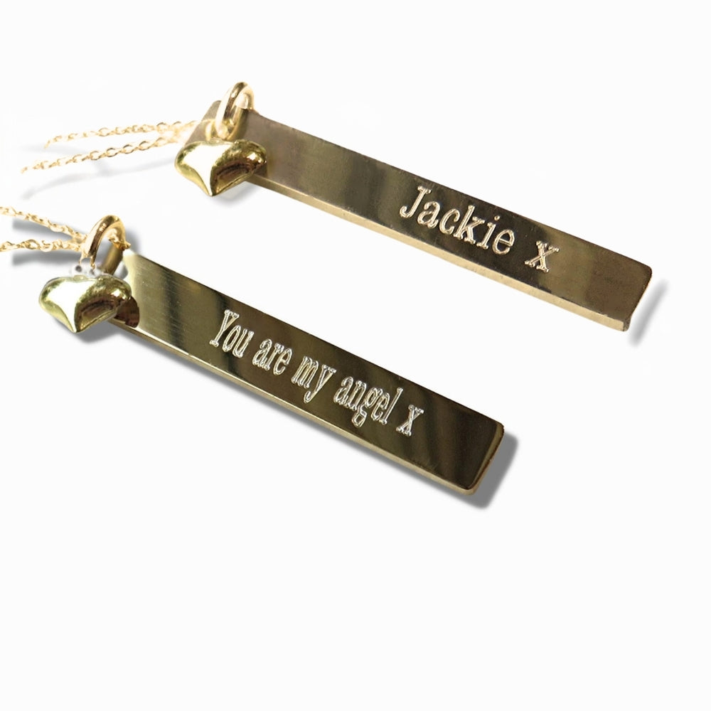 Personalised Gold Thin Bar Necklace &  Mini Heart Charm