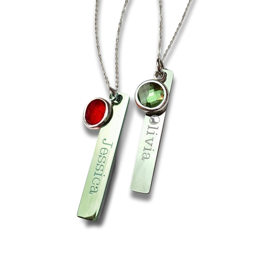 Personalised Thin Bar Necklace & Birthstone Charm Engraved