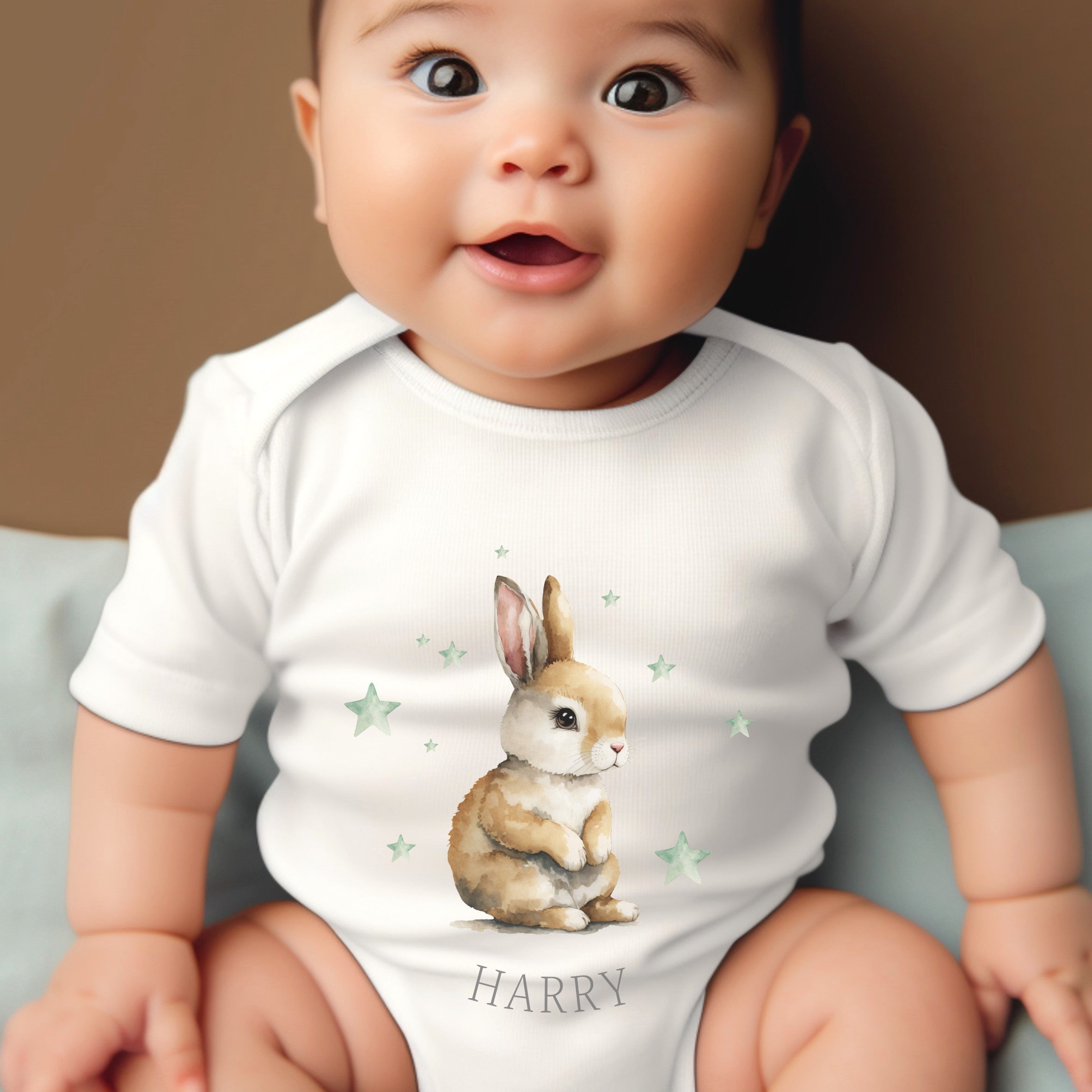 Personalised Boys Bunny Baby Outfit: Bib, Vest, Grow