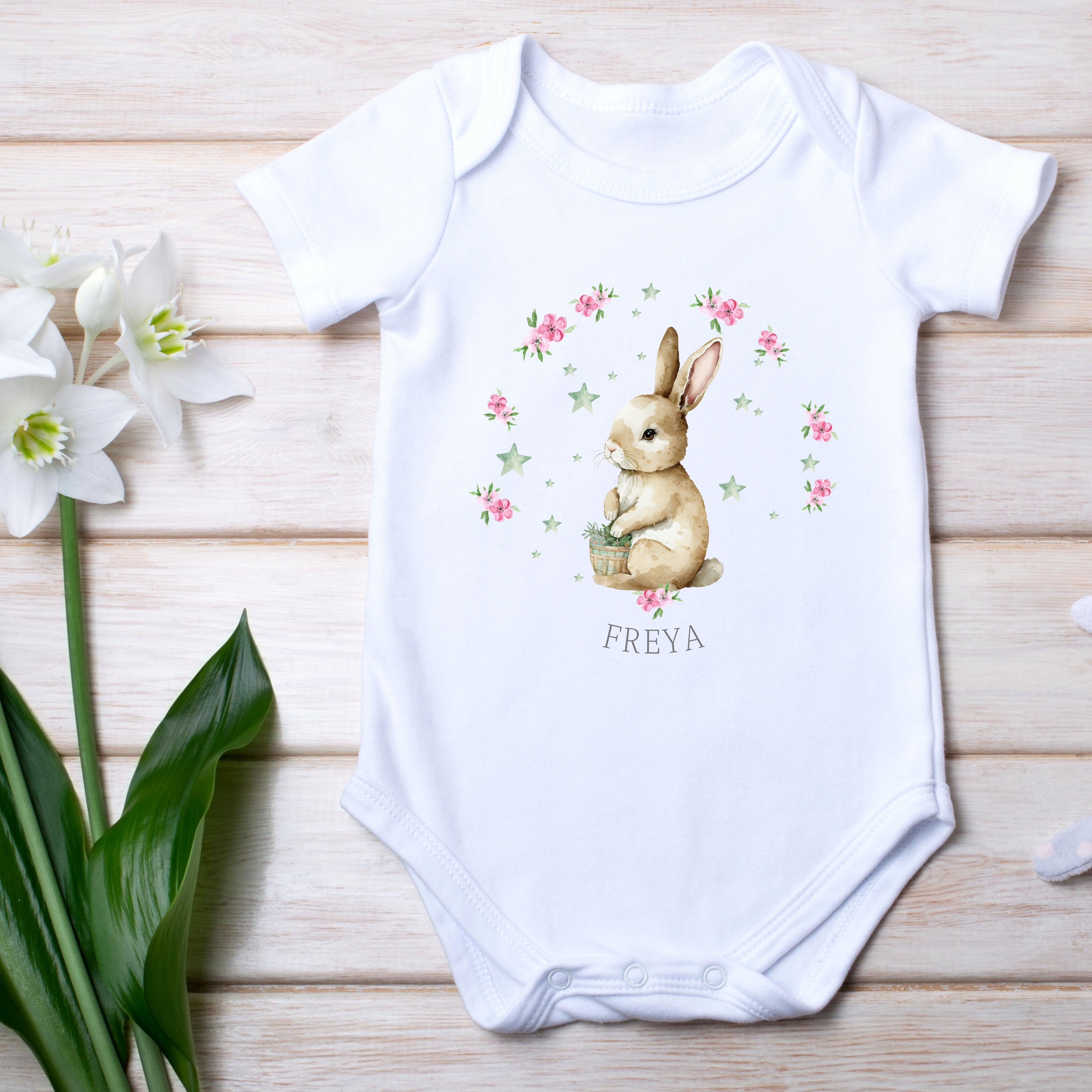 Personalised Girls Bunny Baby Outfit: Bib, Vest, Baby Grow