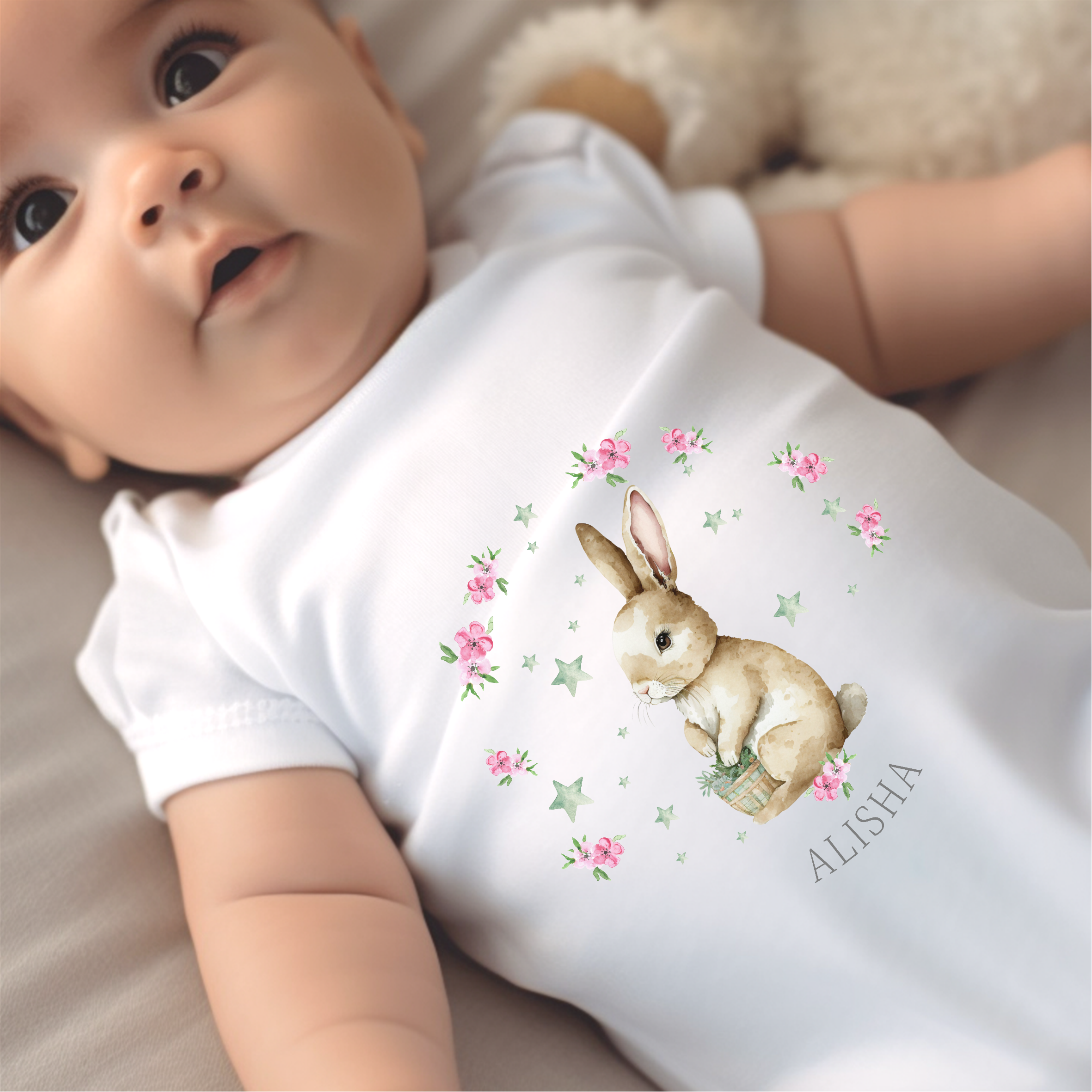 Personalised Girls Bunny Baby Outfit: Bib, Vest, Baby Grow