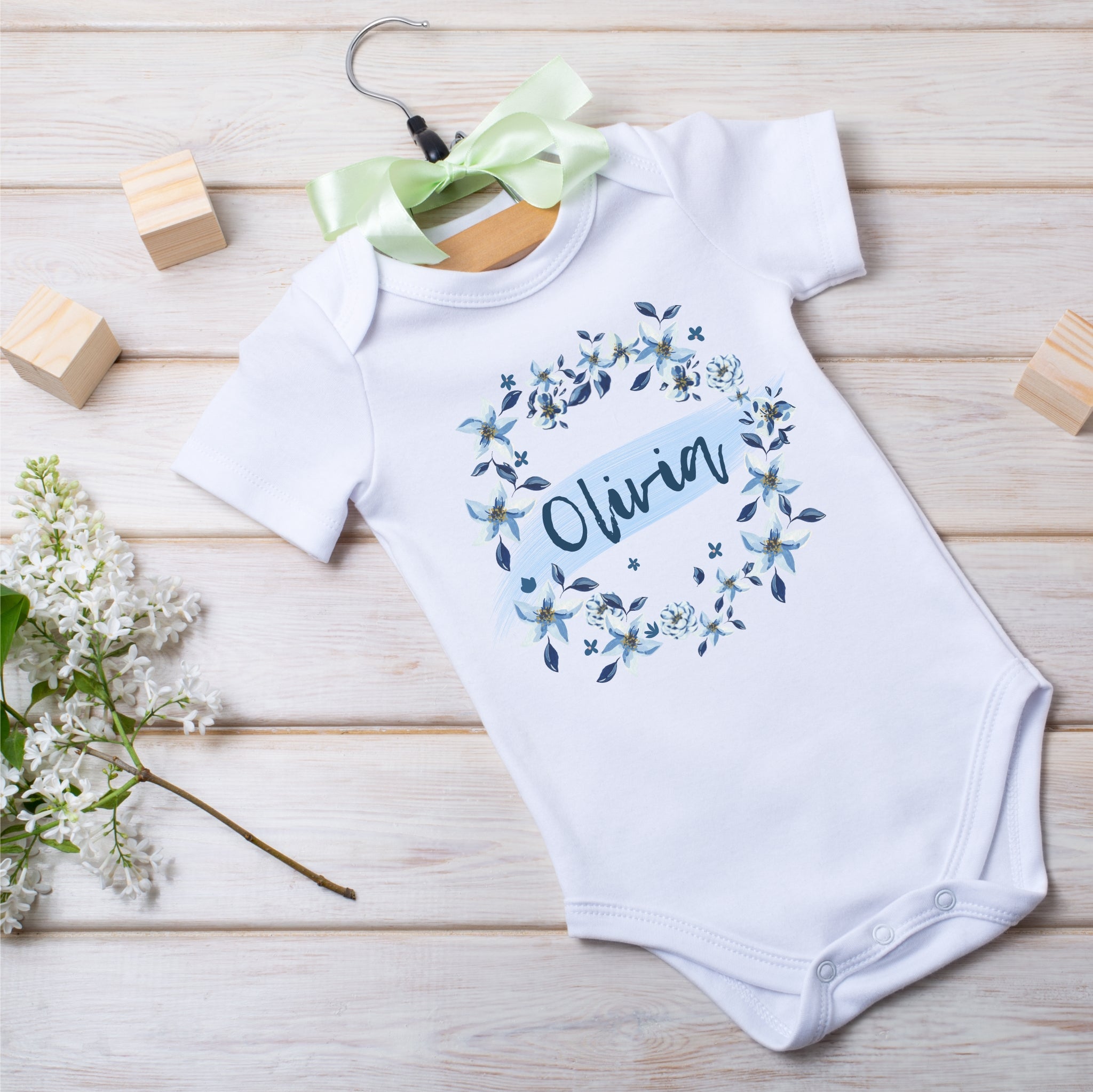 Personalised Blue Flower Baby Outfit: Bib, Vest, Grow