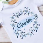 Personalised Blue Flower Baby Outfit: Bib, Vest, Baby Grow