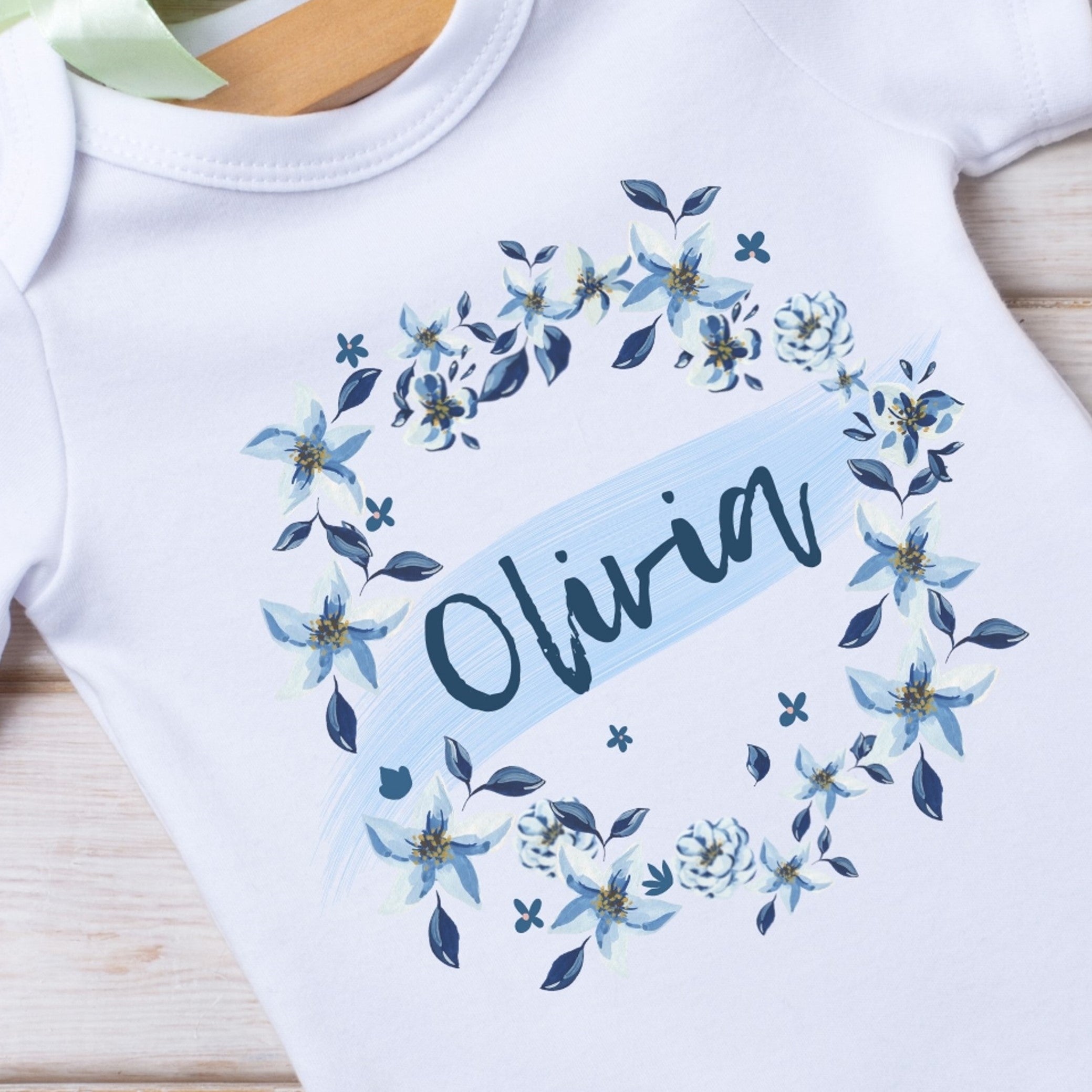 Personalised Blue Flower Baby Outfit: Bib, Vest, Grow