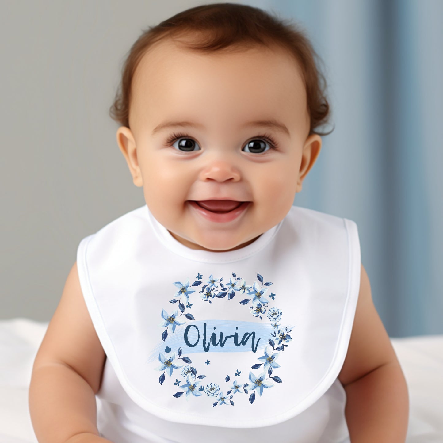 Personalised Blue Flower Baby Bib