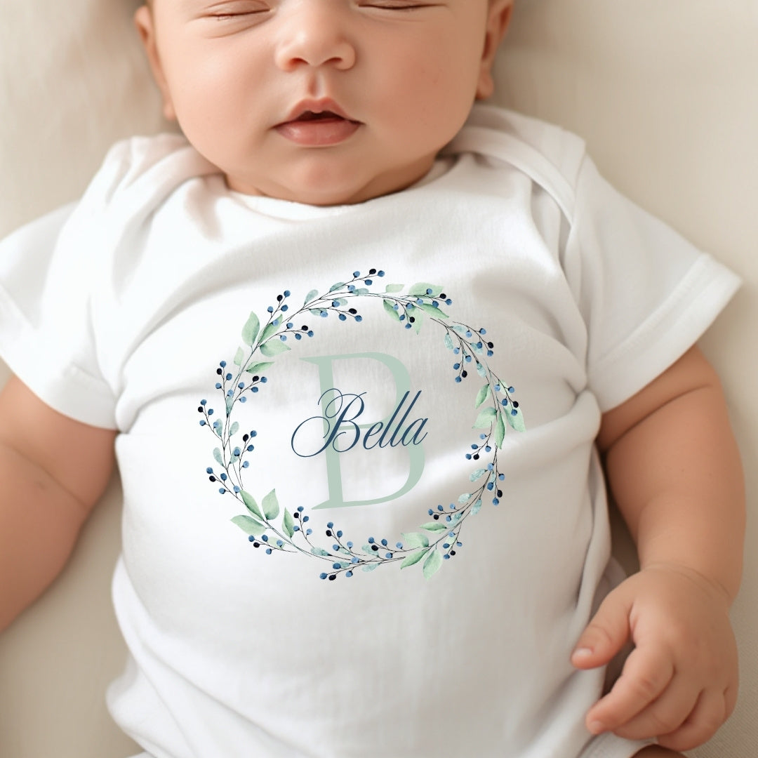 Personalised Blue & Green Floral Babygrow | Name Vest or Bib UK