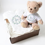 Personalised Blue & Green Floral Baby Gift Hamper - Teddy & Baby Vest