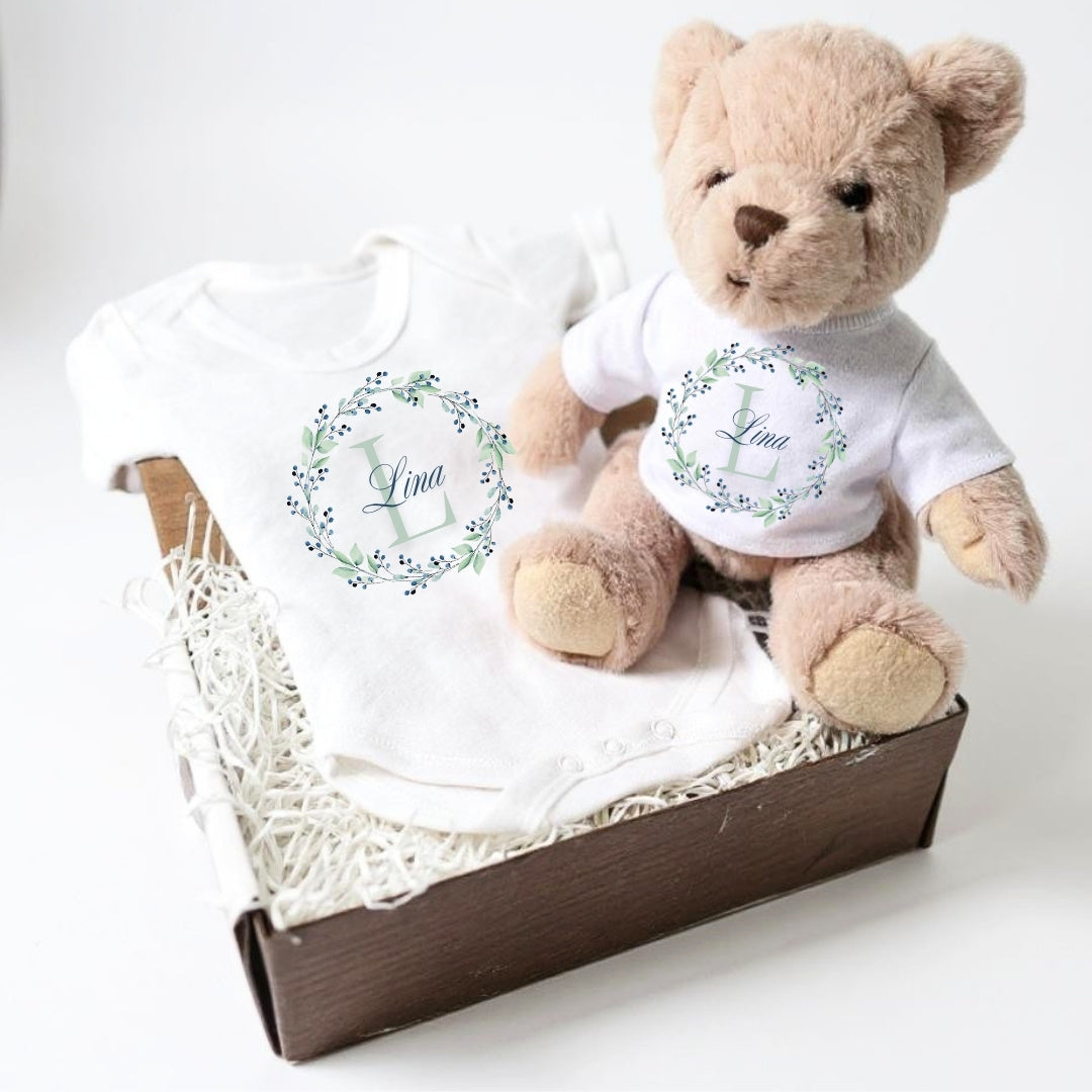 Personalised Blue & Green Floral Baby Gift Hamper - Teddy & Baby Vest