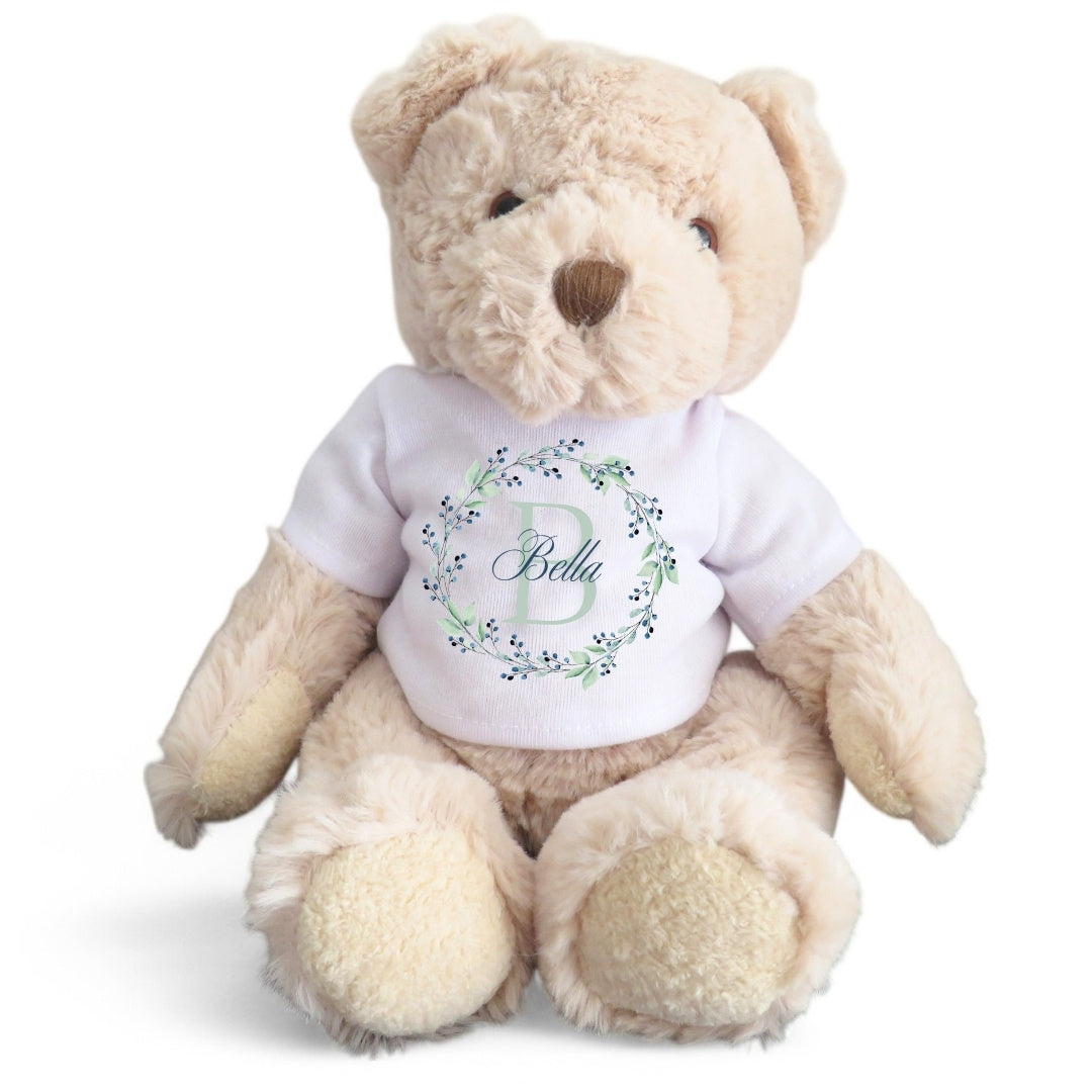 Personalised Luxury Teddy Bear with Blue & Green Floral T-Shirt