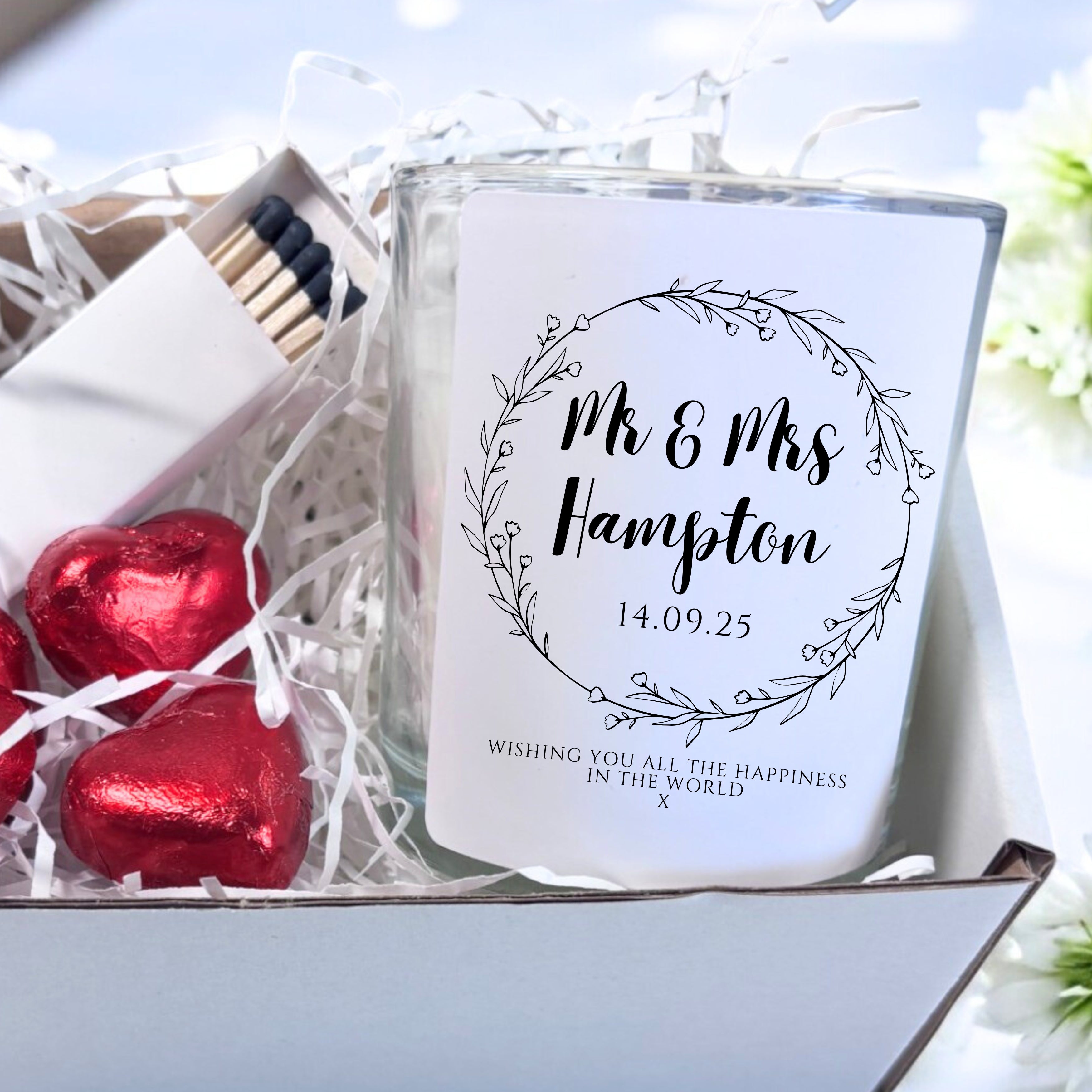 Personalised Wild Flower Wedding Candle Gift Set | Couples Engagement Gift Hamper