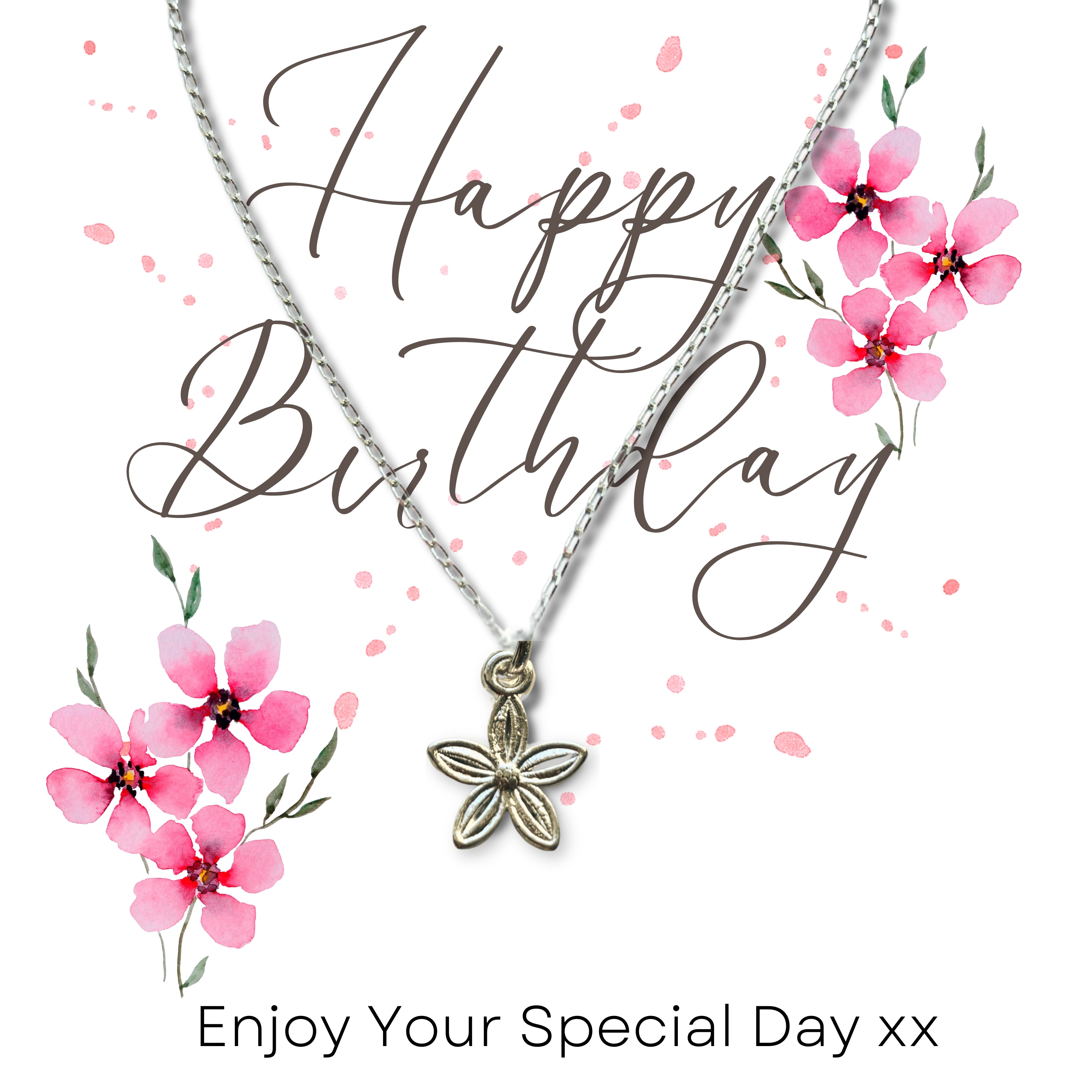 Happy Birthday Pink Flowers Card & Dahlia Flower Necklace