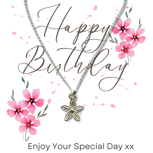 Happy Birthday Pink Flowers Gift Card & Dahlia Flower Necklace