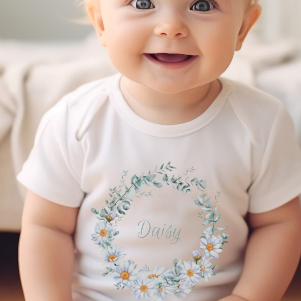 Personalised Daisy Flowers Baby Outfit: Bib, Vest, Grow
