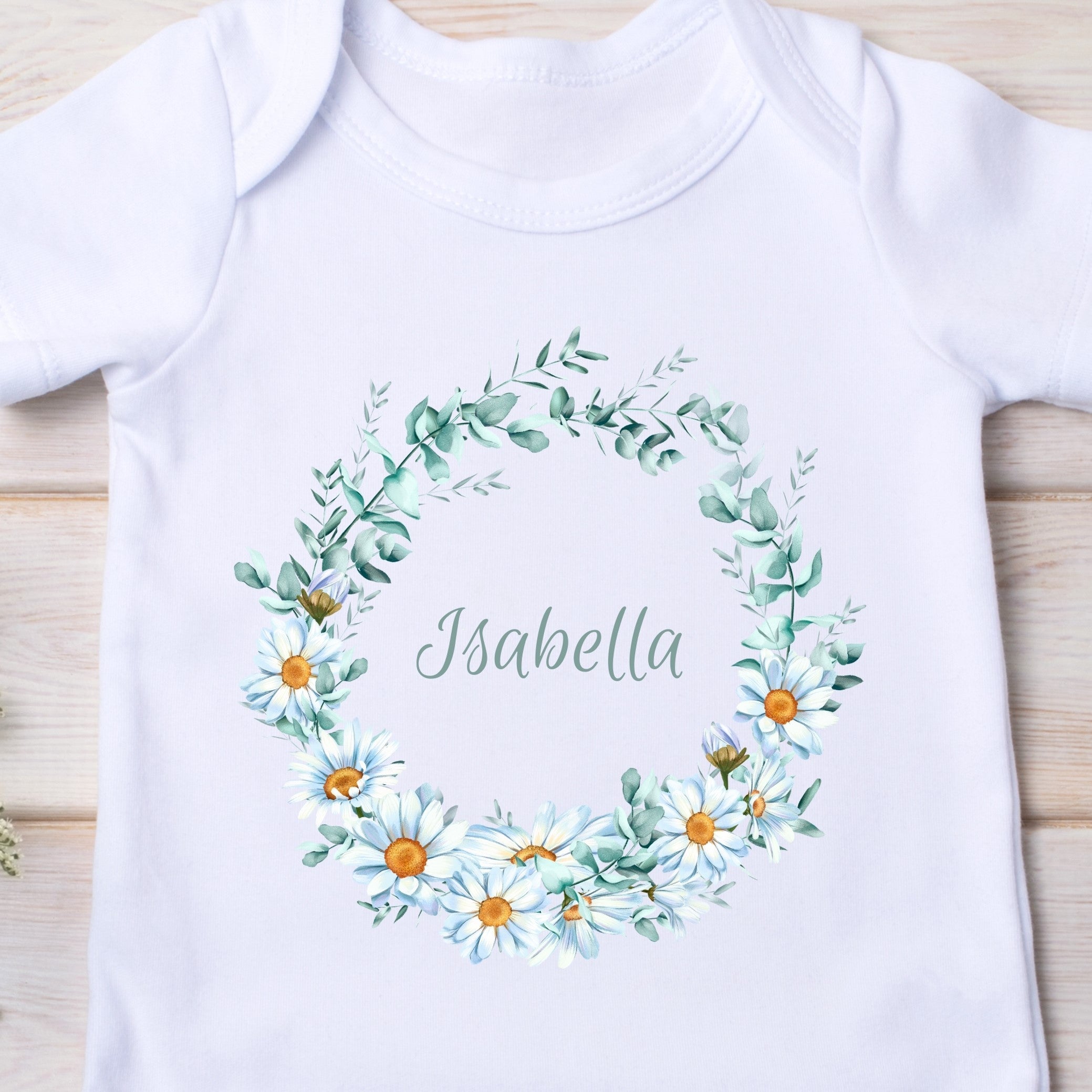 Personalised Daisy Flowers Baby Outfit: Bib, Vest, Grow