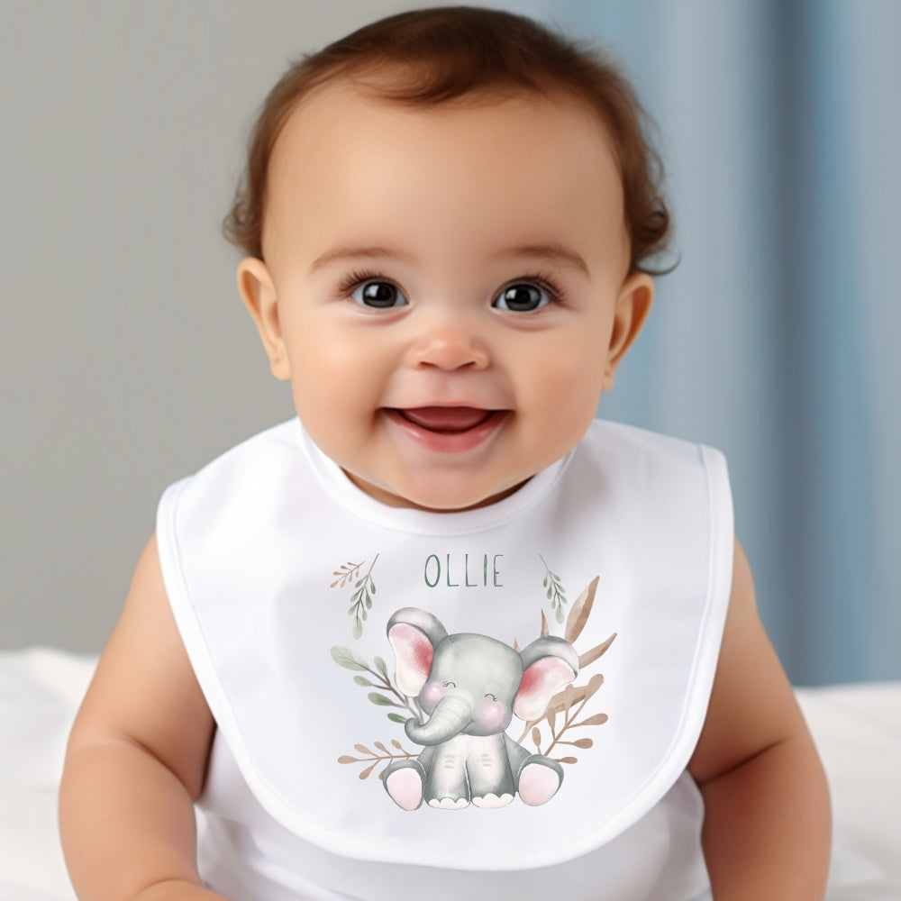 Personalised Happy Elephant Baby Outfit: Bib, Vest, Baby Grow