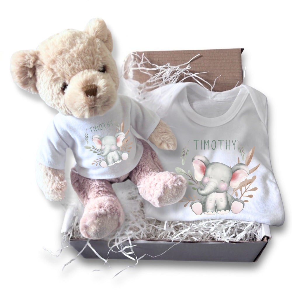 Personalised Happy Elephant Gift Hamper - Teddy & Baby Vest
