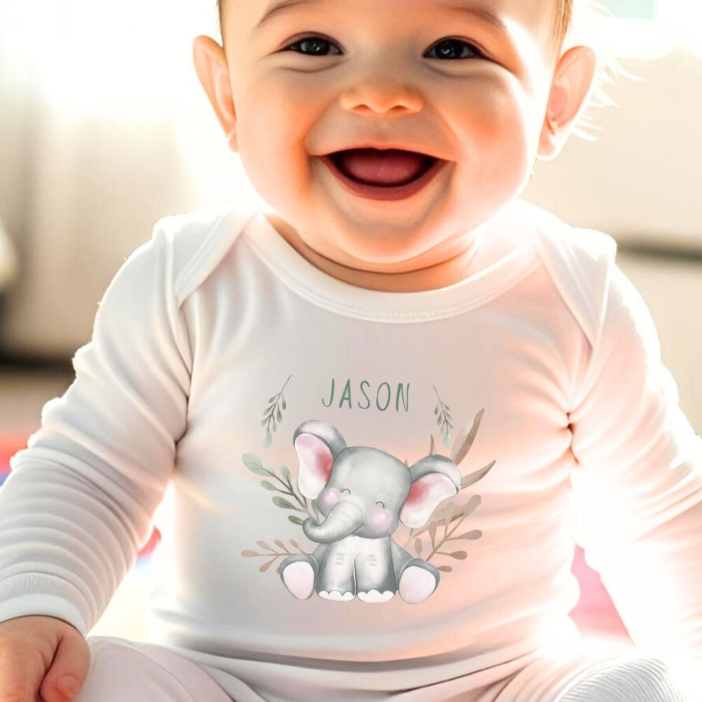 Personalised Happy Elephant Baby Outfit: Bib, Vest, Baby Grow