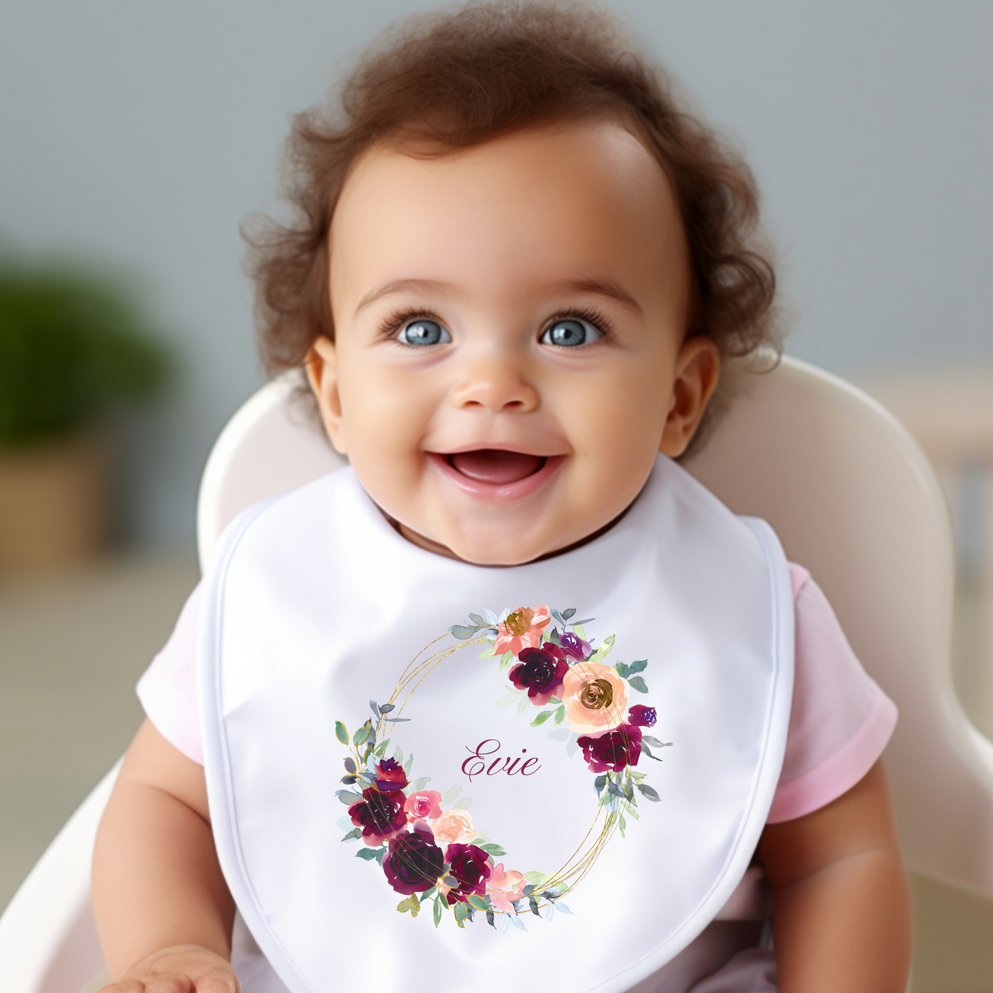 Personalised Maroon & Pink Roses Baby Bib