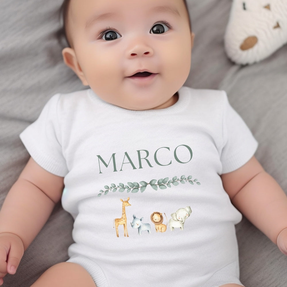 Personalised Zoo Animals Baby Outfit: Bib, Vest, Baby Grow