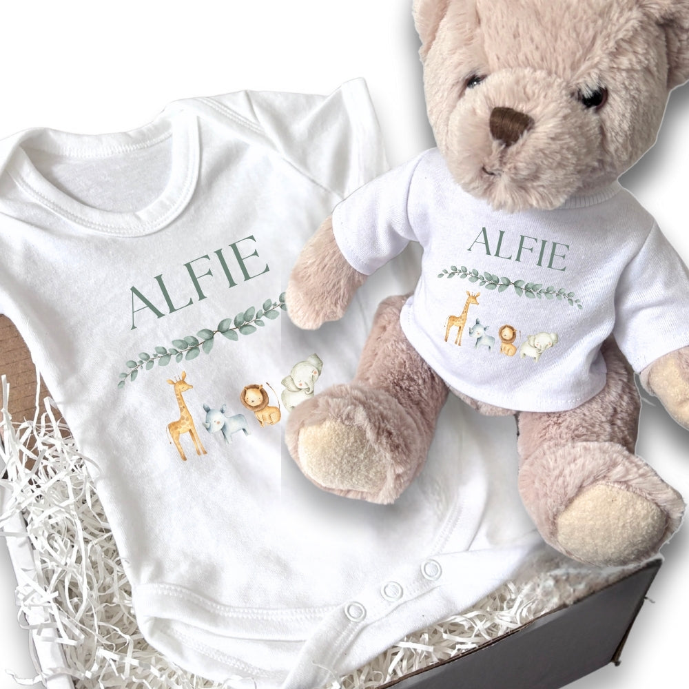 Personalised Zoo Animals Gift Hamper - Teddy & Baby Vest