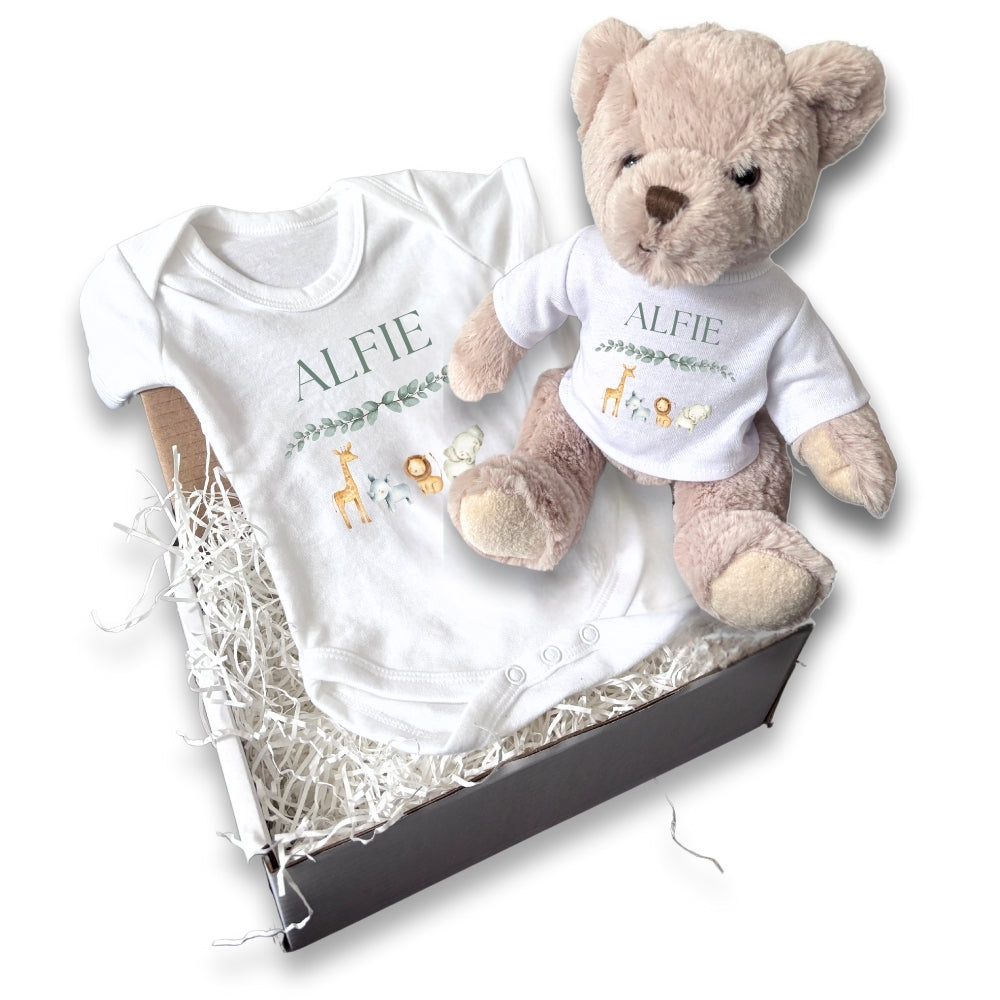 Personalised Zoo Animals Gift Hamper - Teddy & Baby Vest