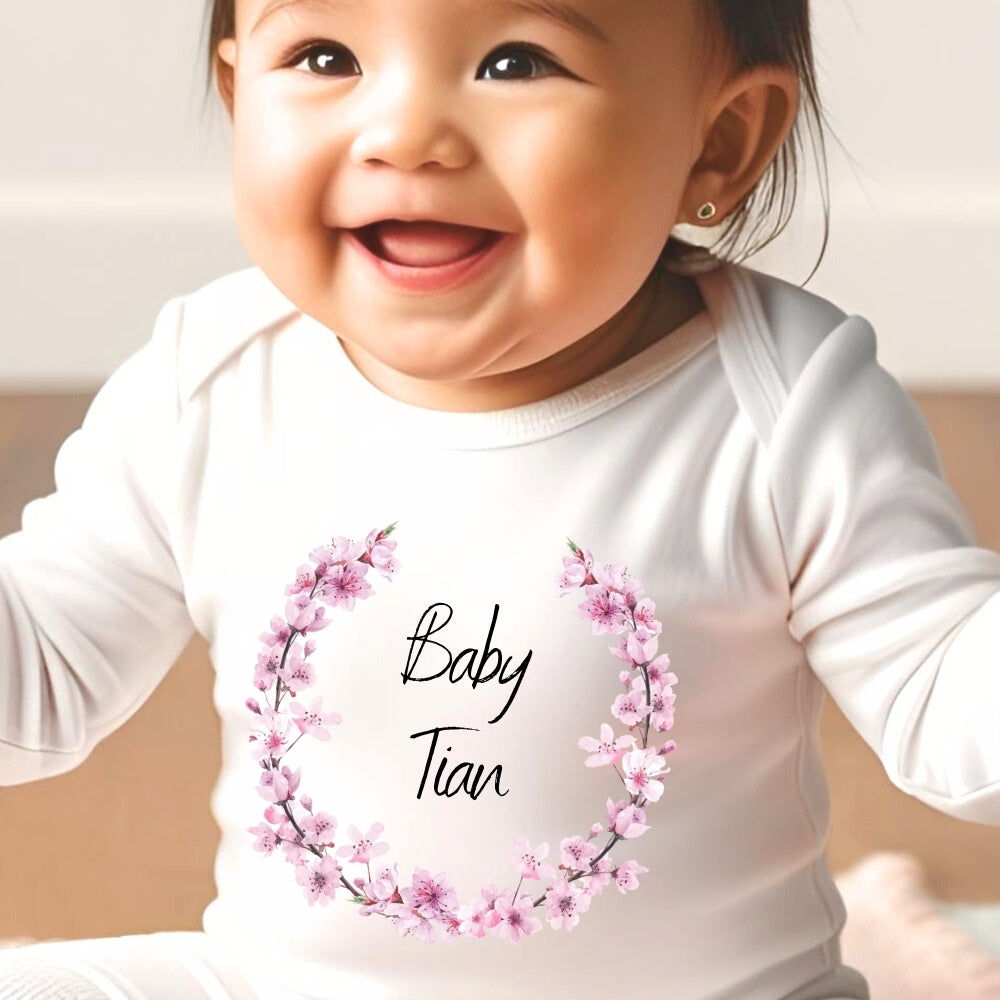 Personalised Pink Blossom Baby Outfit: Bib, Vest, Baby Grow