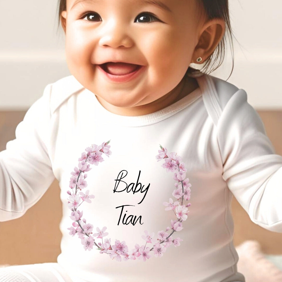 Personalised Pink Blossom Baby Outfit: Bib, Vest, Baby Grow