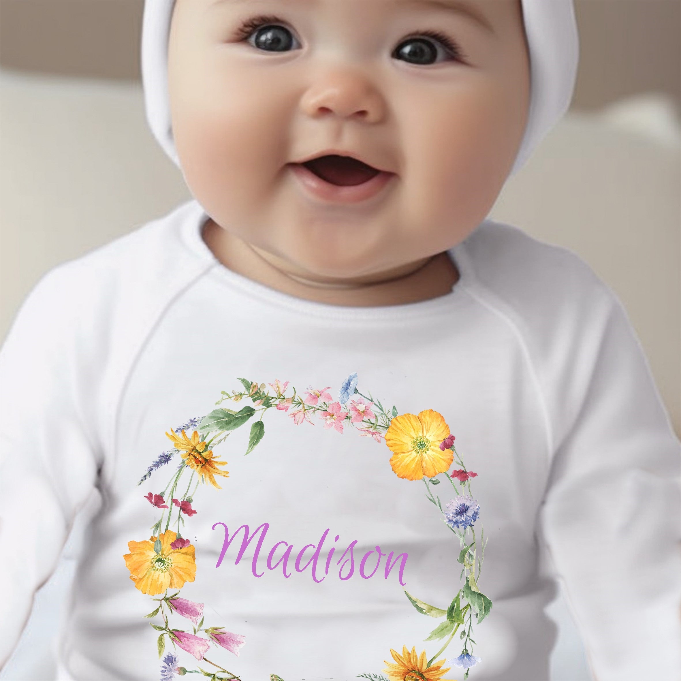 Personalised Colourful Flowers Baby Outfit: Bib, Vest, Grow