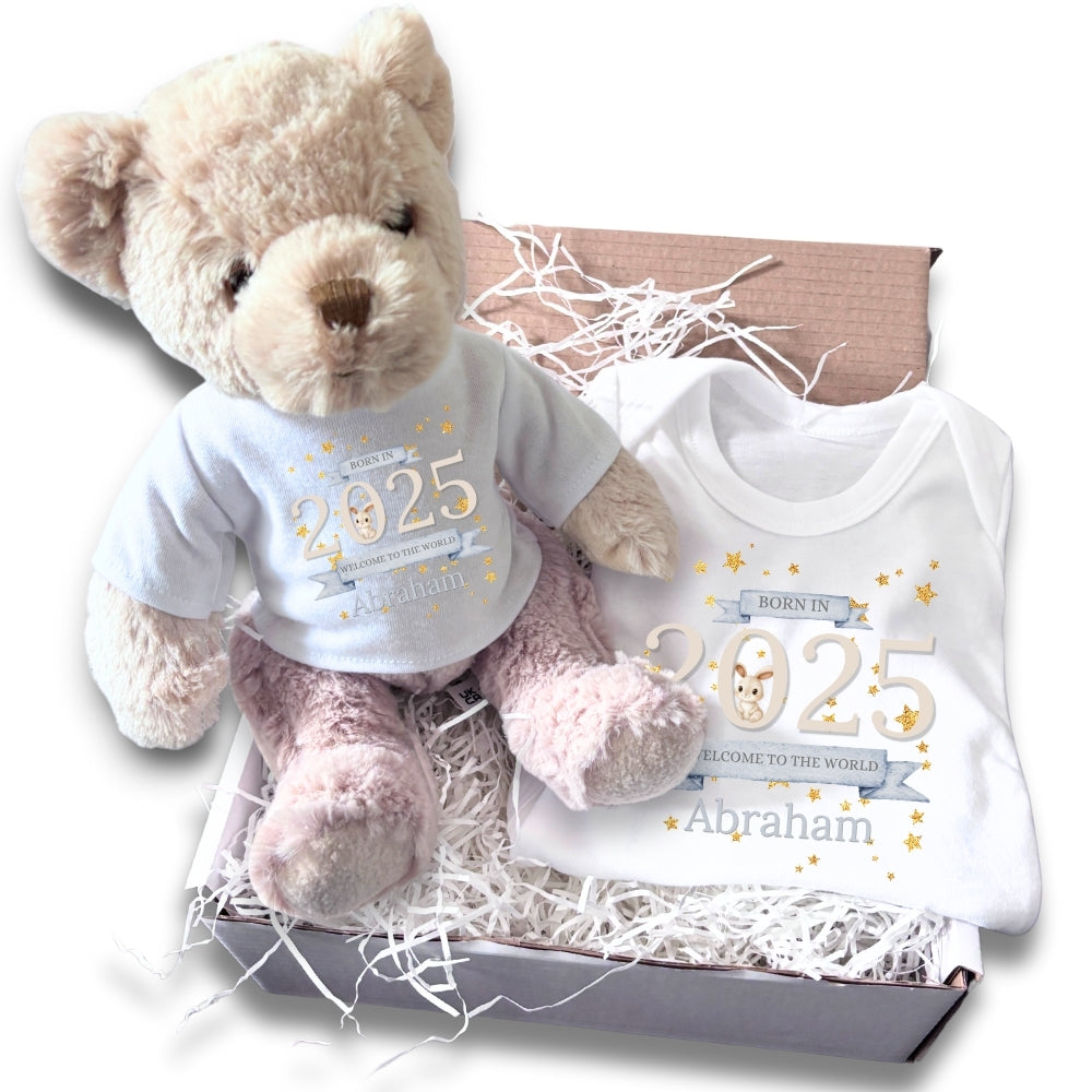 Personalised Welcome to the World 2025 Gift Hamper - Teddy & Baby Vest