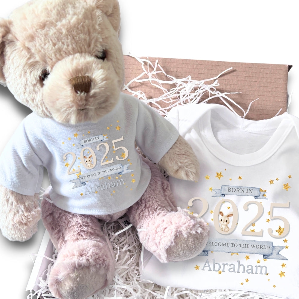 Personalised Welcome to the World 2025 Gift Hamper - Teddy & Baby Vest