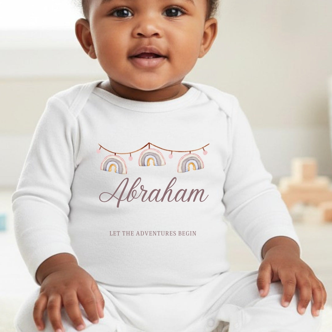 Personalised Rainbow Bunting Baby Outfit – Bib, Vest, Baby Grow