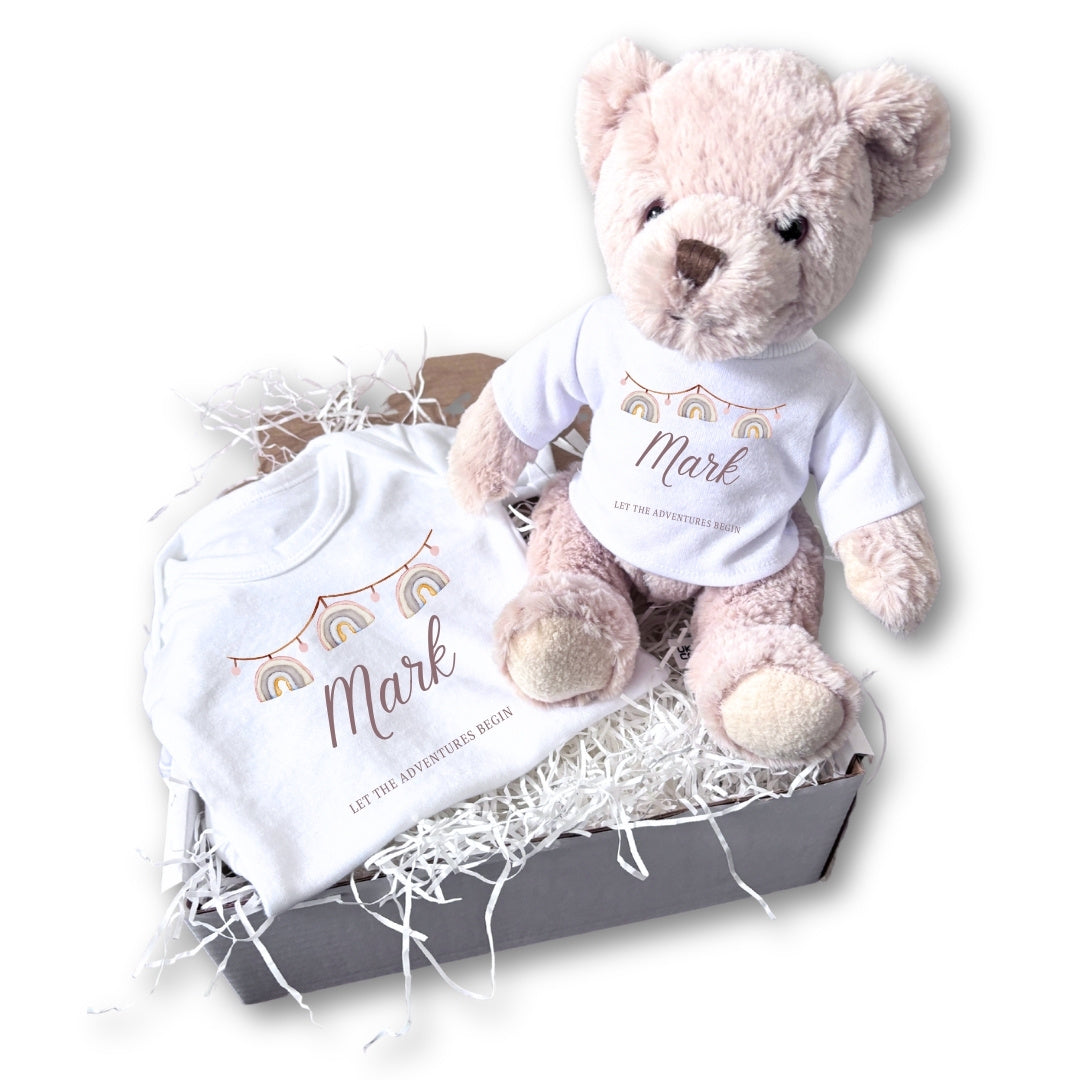 Personalised Rainbow Bunting Baby Gift Hamper - Teddy & Baby Vest